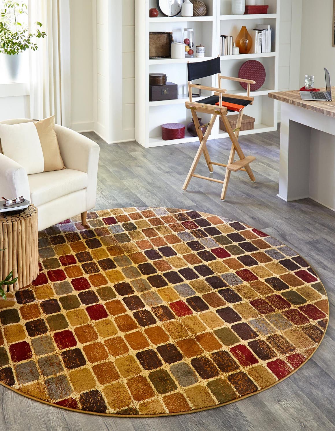 Multicolor 7' 10 x 7' 10 Cafe Round Area Rug 100% Polypropylene With Cotton Backing Modern Abstract Design Carpet for Home Living Room Dining Office Decor for Sale at Rug Engine