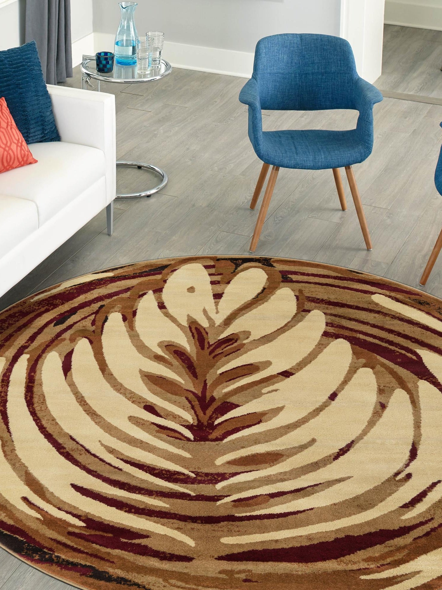 Beige 7' x 7' Cafe Round Area Rug 100% Polypropylene With Cotton Backing Modern Abstract Design Carpet for Home Living Room Dining Office Decor for Sale at Rug Engine
