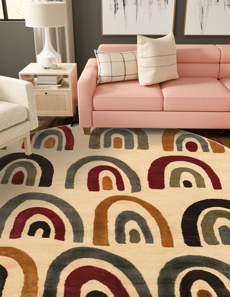 Cream 3' 1 x 3' 1 Cafe Round Area Rug 100% Polypropylene With Cotton Backing Modern Abstract Design Carpet for Home Living Room Dining Office Decor for Sale at Rug Engine