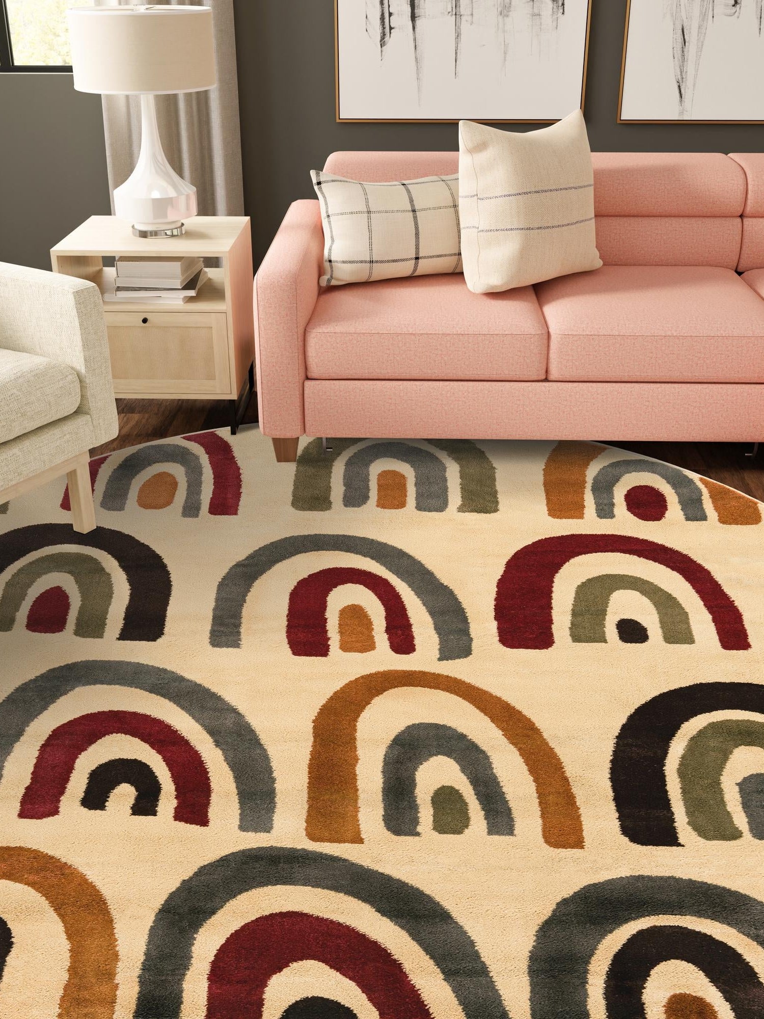 Cream 6' 1 x 6' 1 Cafe Round Area Rug 100% Polypropylene With Cotton Backing Modern Abstract Design Carpet for Home Living Room Dining Office Decor for Sale at Rug Engine
