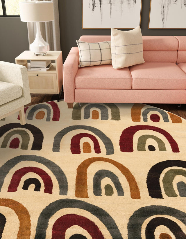 Cream 6' 1 x 6' 1 Cafe Round Area Rug 100% Polypropylene With Cotton Backing Modern Abstract Design Carpet for Home Living Room Dining Office Decor for Sale at Rug Engine