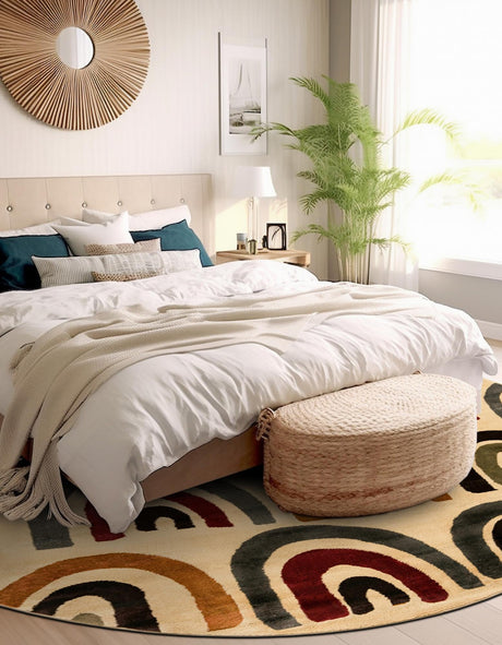 Cream 6' 1 x 6' 1 Cafe Round Area Rug 100% Polypropylene With Cotton Backing Modern Abstract Design Carpet for Home Living Room Dining Office Decor for Sale at Rug Engine
