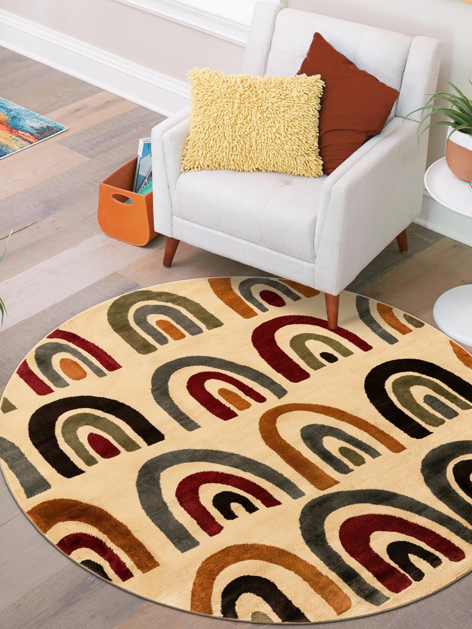 Cream 7' 1 x 7' 1 Cafe Round Area Rug 100% Polypropylene With Cotton Backing Modern Abstract Design Carpet for Home Living Room Dining Office Decor for Sale at Rug Engine