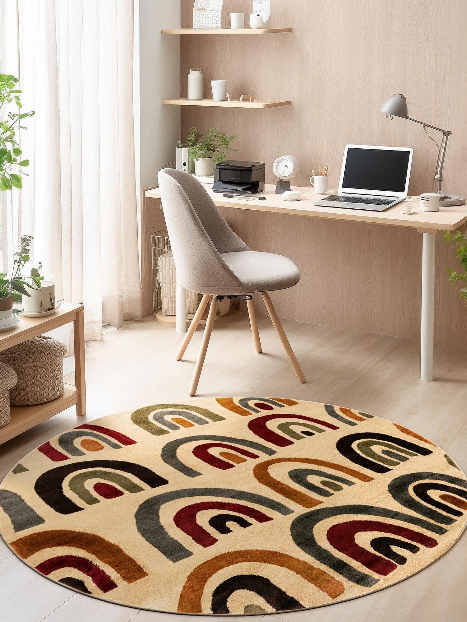 Cream 7' 1 x 7' 1 Cafe Round Area Rug 100% Polypropylene With Cotton Backing Modern Abstract Design Carpet for Home Living Room Dining Office Decor for Sale at Rug Engine