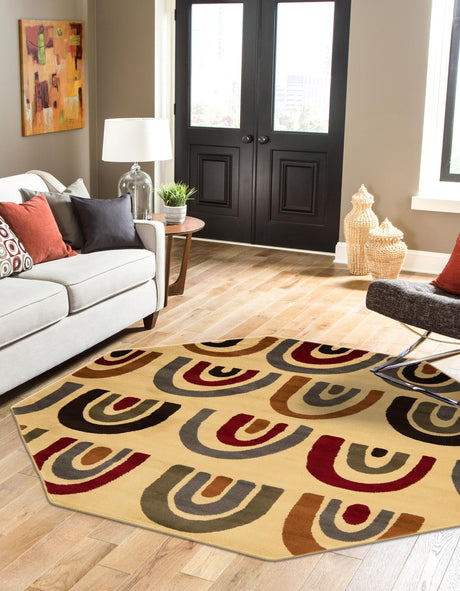 Cream 7' 1 x 7' 1 Cafe Octagon Area Rug 100% Polypropylene With Cotton Backing Modern Abstract Design Carpet for Home Living Room Dining Office Decor for Sale at Rug Engine