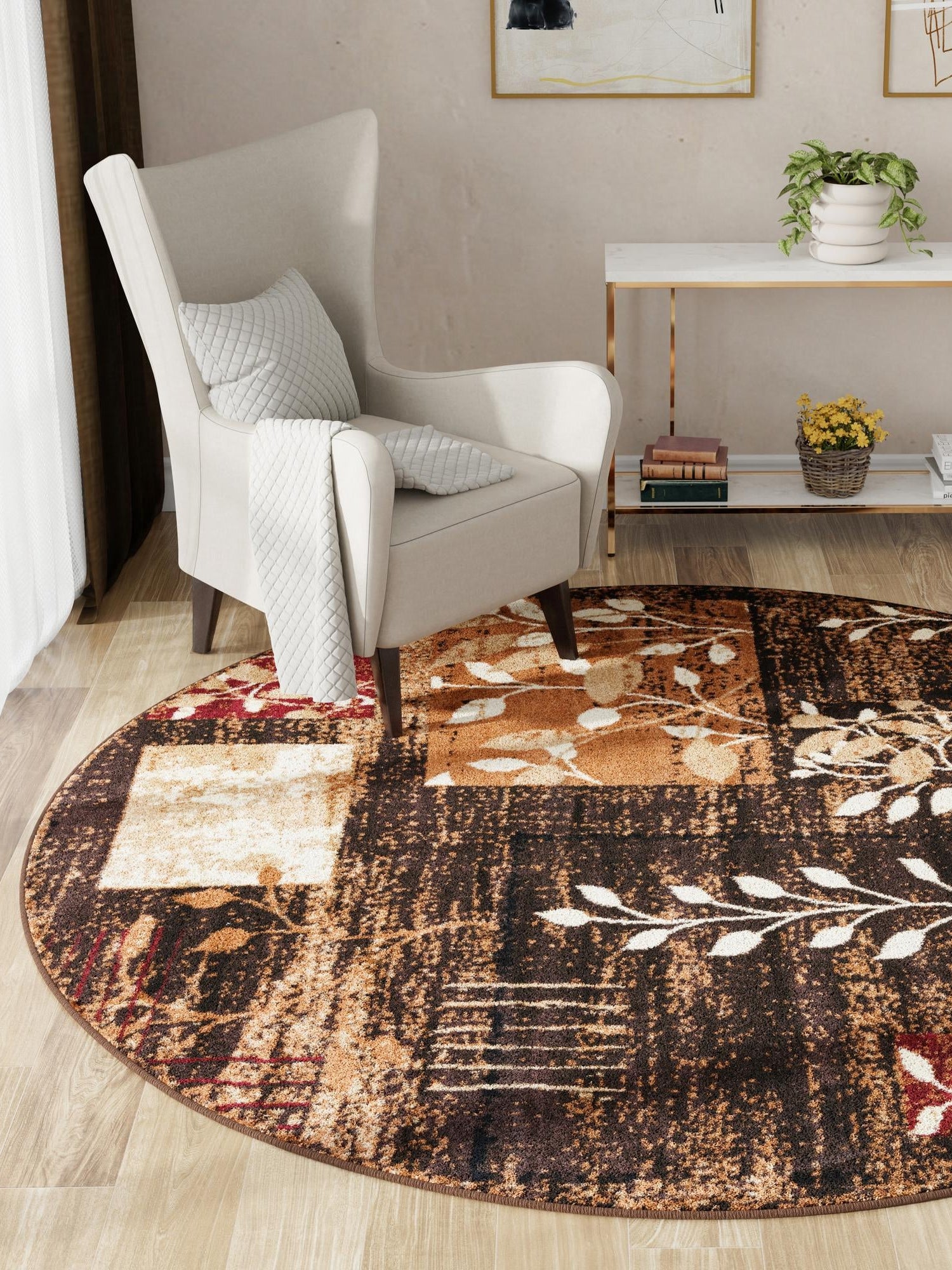 Brown 6' 1 x 6' 1 Cafe Round Area Rug 100% Polypropylene With Cotton Backing Modern Abstract Design Carpet for Home Living Room Dining Office Decor for Sale at Rug Engine