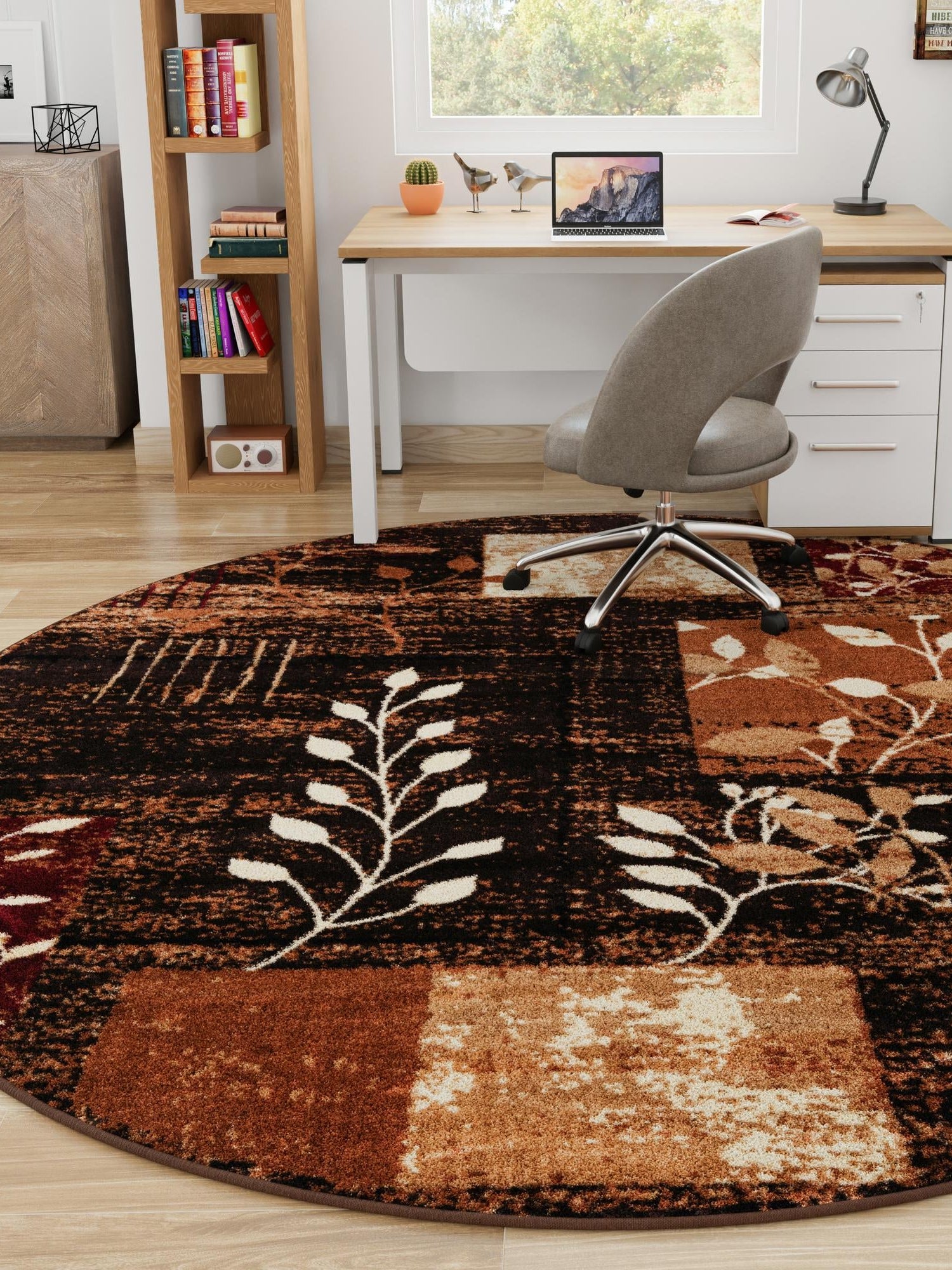 Brown 5' 3 x 5' 3 Cafe Round Area Rug 100% Polypropylene With Cotton Backing Modern Abstract Design Carpet for Home Living Room Dining Office Decor for Sale at Rug Engine