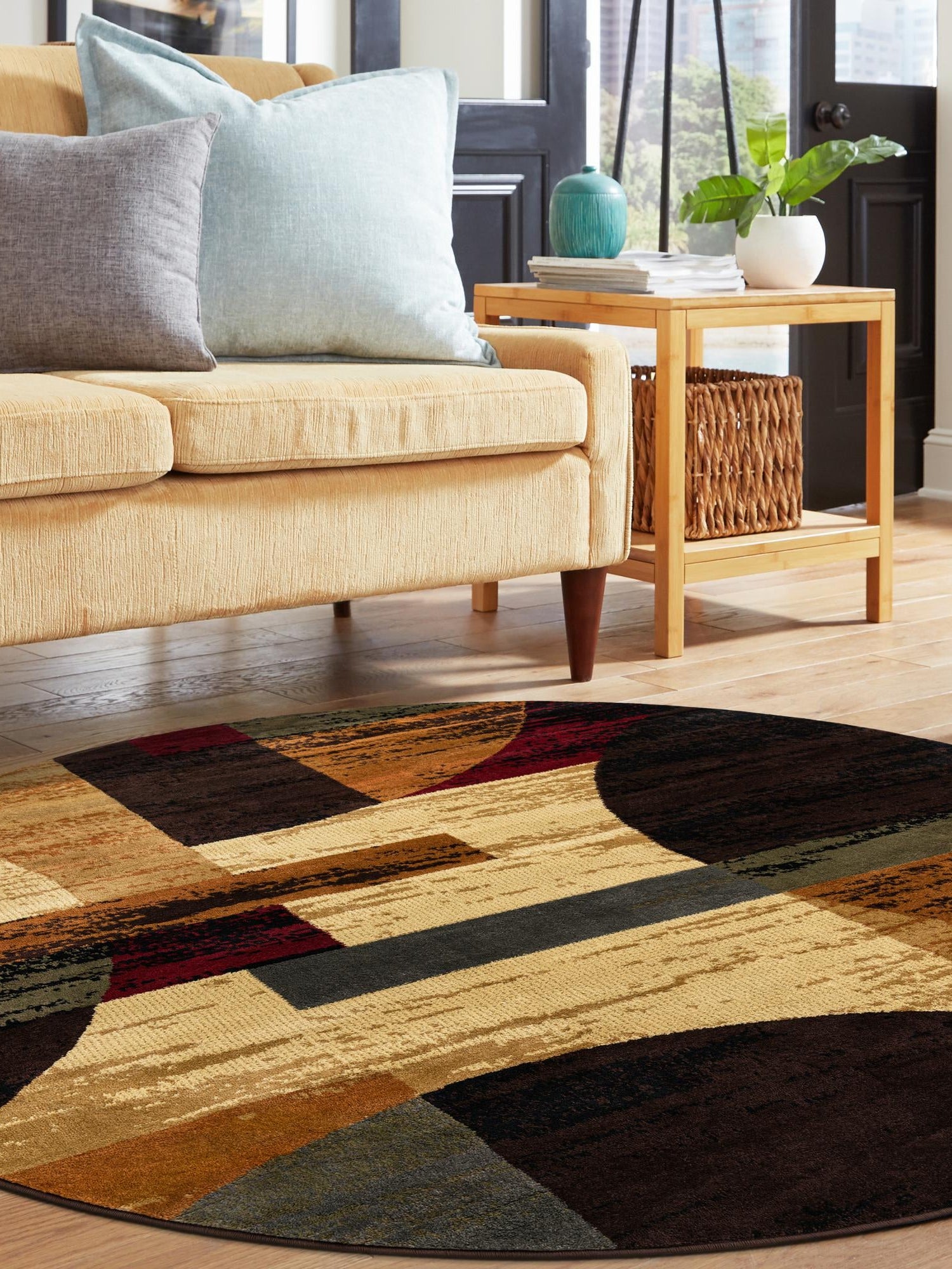 Multicolor 6' 1 x 6' 1 Cafe Round Area Rug 100% Polypropylene With Cotton Backing Modern Abstract Design Carpet for Home Living Room Dining Office Decor for Sale at Rug Engine