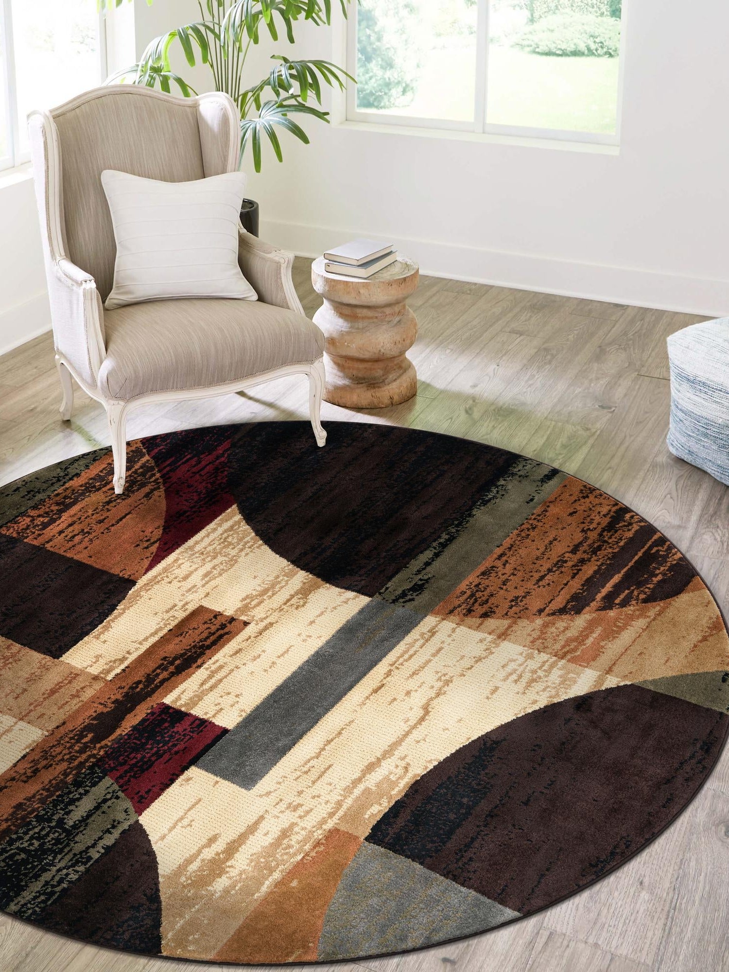 Multicolor 7' 1 x 7' 1 Cafe Round Area Rug 100% Polypropylene With Cotton Backing Modern Abstract Design Carpet for Home Living Room Dining Office Decor for Sale at Rug Engine