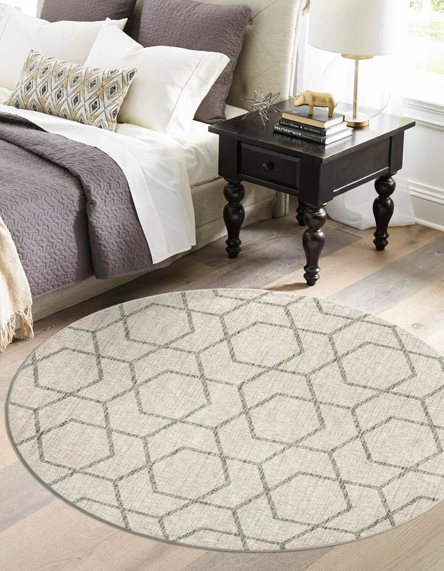 Ivory 7' x 7' Eco Trellis Round Area Rug 100% Recycled Space Dyed Polyester With Cotton Backing Geometric Pattern Eco-Friendly Carpet for Sale at Rug Engine