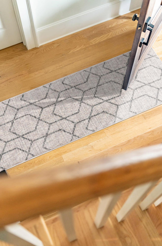 Ivory 2' 7 x 12' Eco Trellis Runner Area Rug 100% Recycled Space Dyed Polyester With Cotton Backing Geometric Pattern Eco-Friendly Carpet for Sale at Rug Engine