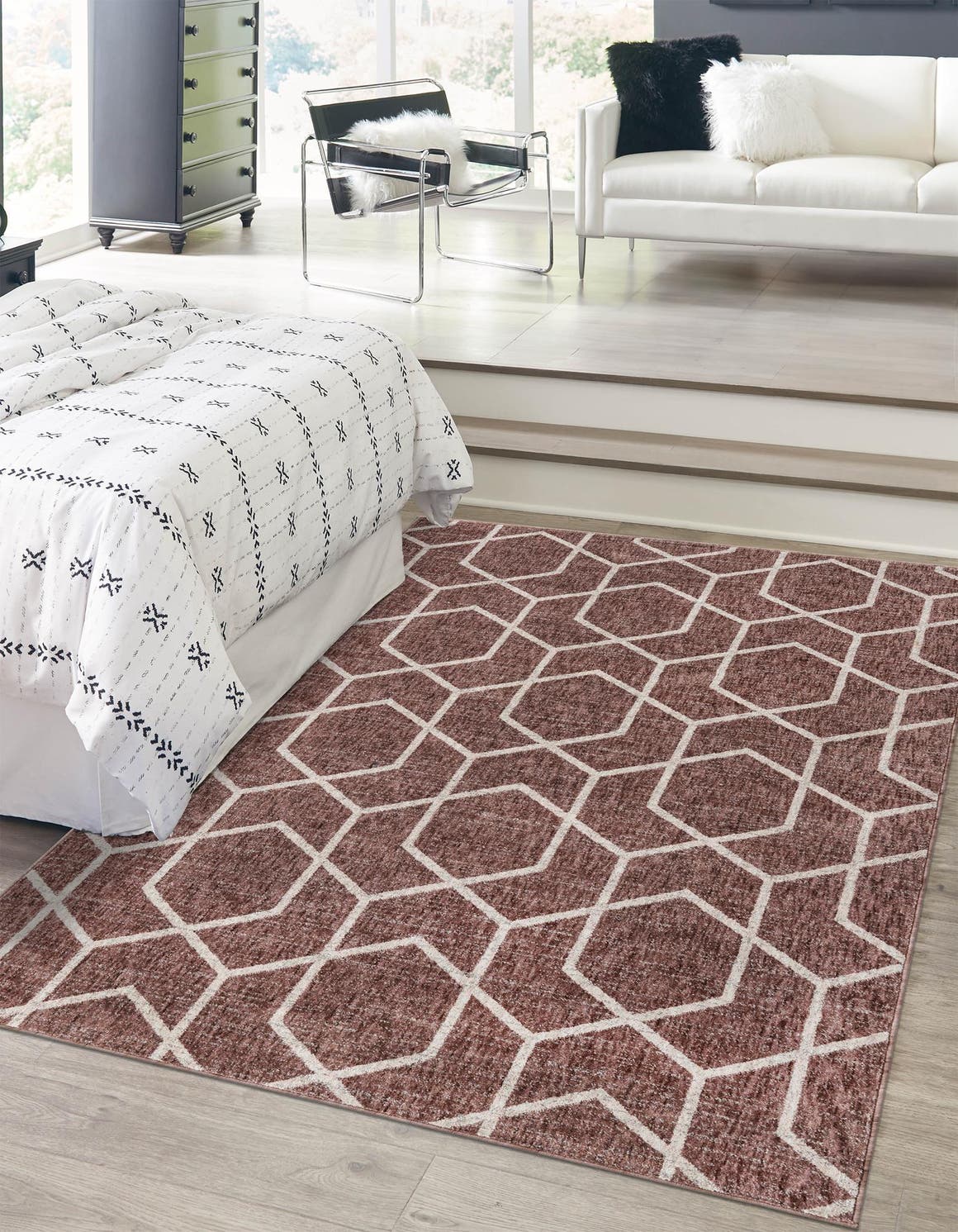 Dusty Rose 2' x 3' Eco Trellis Rectangle Area Rug 100% Recycled Space Dyed Polyester With Cotton Backing Geometric Pattern Eco-Friendly Carpet for Sale at Rug Engine
