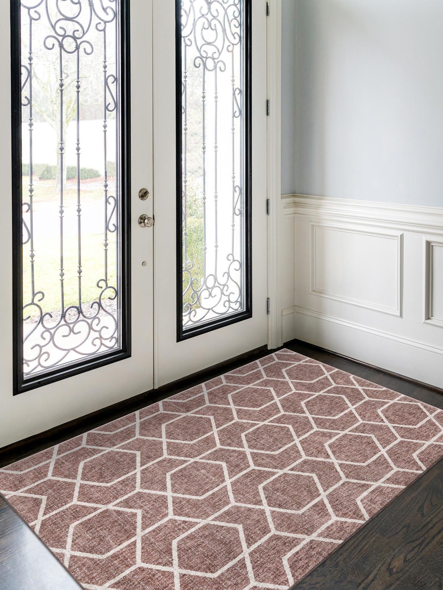Dusty Rose 2' x 3' Eco Trellis Rectangle Area Rug 100% Recycled Space Dyed Polyester With Cotton Backing Geometric Pattern Eco-Friendly Carpet for Sale at Rug Engine