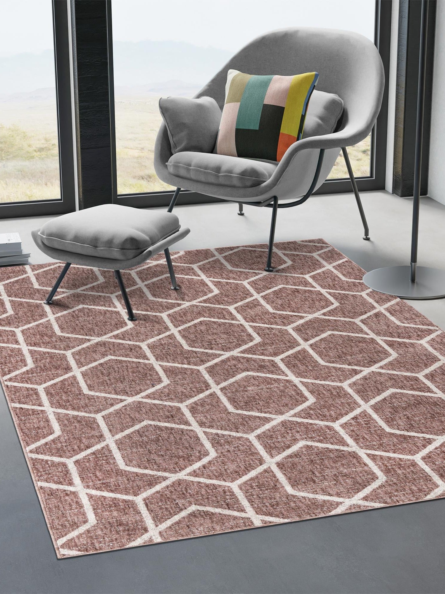 Dusty Rose 2' x 3' Eco Trellis Rectangle Area Rug 100% Recycled Space Dyed Polyester With Cotton Backing Geometric Pattern Eco-Friendly Carpet for Sale at Rug Engine
