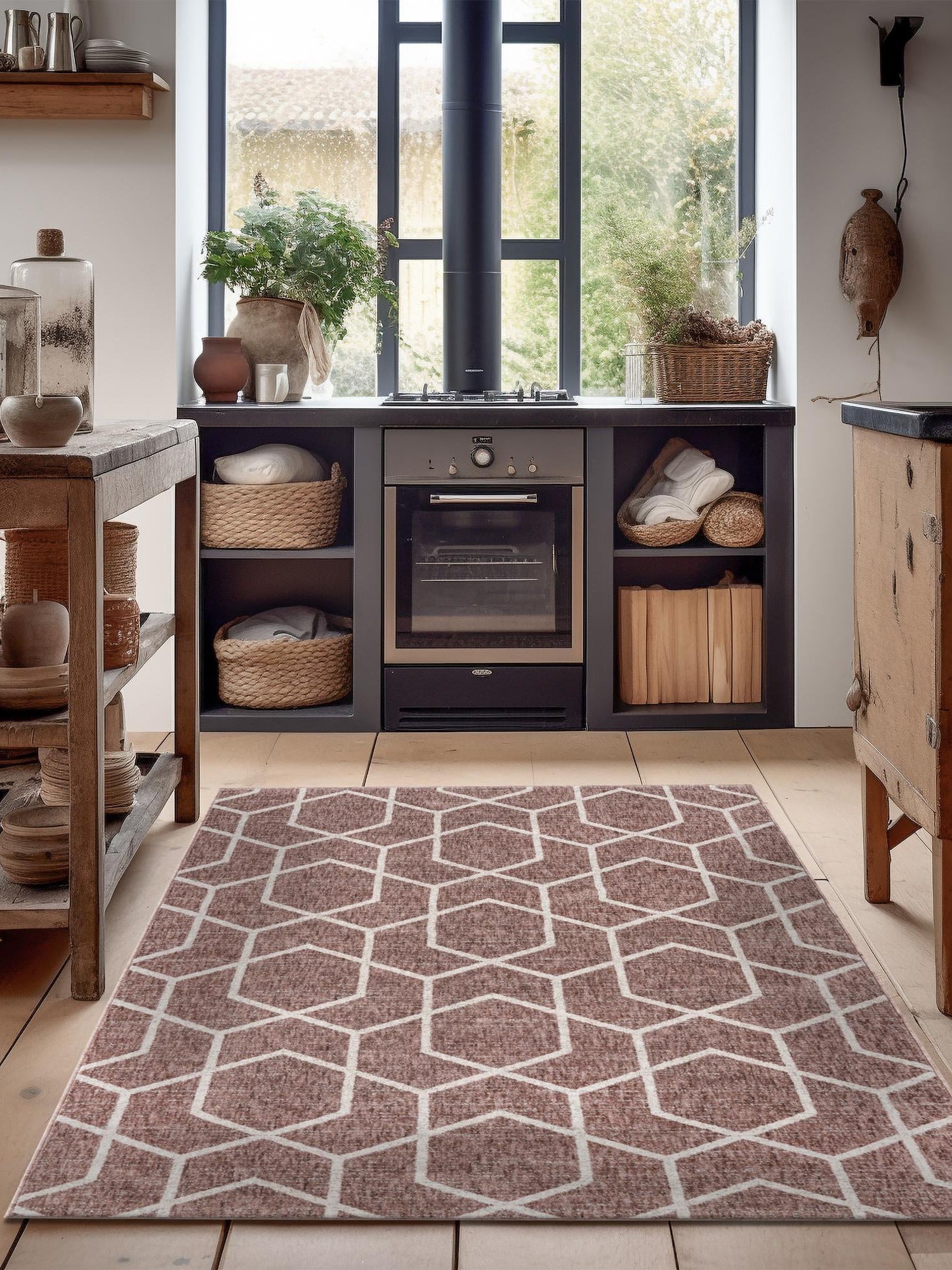 Dusty Rose 2' x 3' Eco Trellis Rectangle Area Rug 100% Recycled Space Dyed Polyester With Cotton Backing Geometric Pattern Eco-Friendly Carpet for Sale at Rug Engine