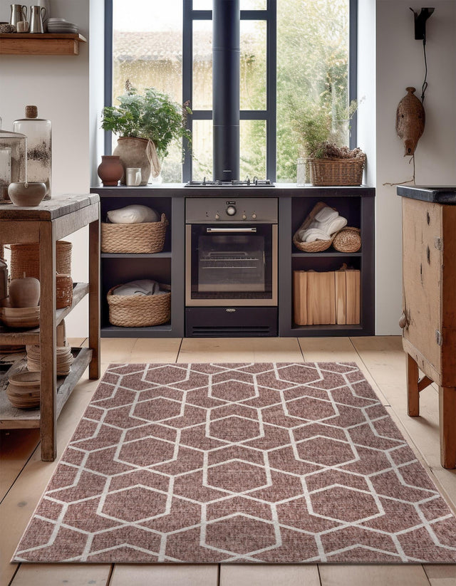 Dusty Rose 2' x 3' Eco Trellis Rectangle Area Rug 100% Recycled Space Dyed Polyester With Cotton Backing Geometric Pattern Eco-Friendly Carpet for Sale at Rug Engine