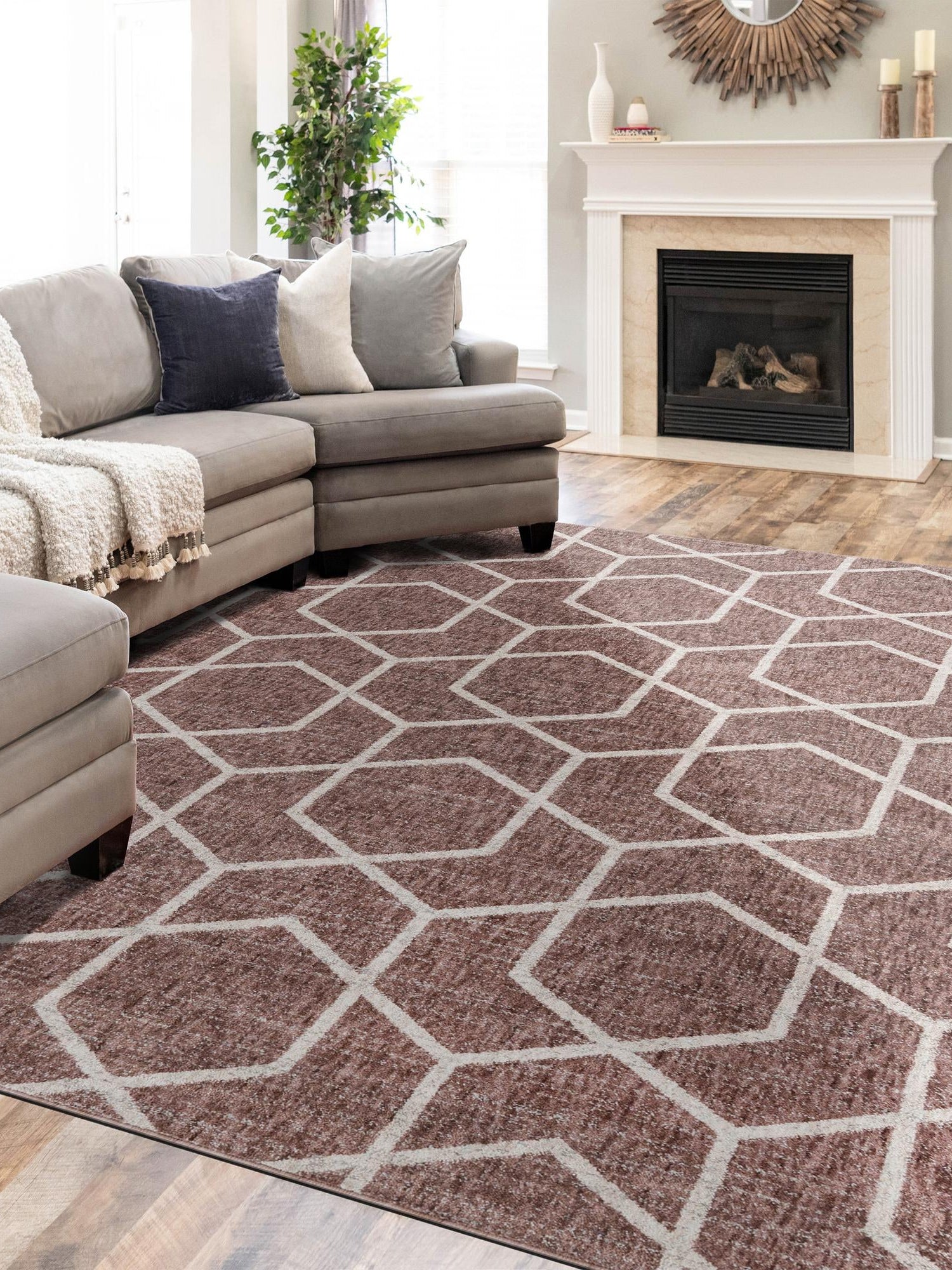Dusty Rose 2' x 3' Eco Trellis Rectangle Area Rug 100% Recycled Space Dyed Polyester With Cotton Backing Geometric Pattern Eco-Friendly Carpet for Sale at Rug Engine