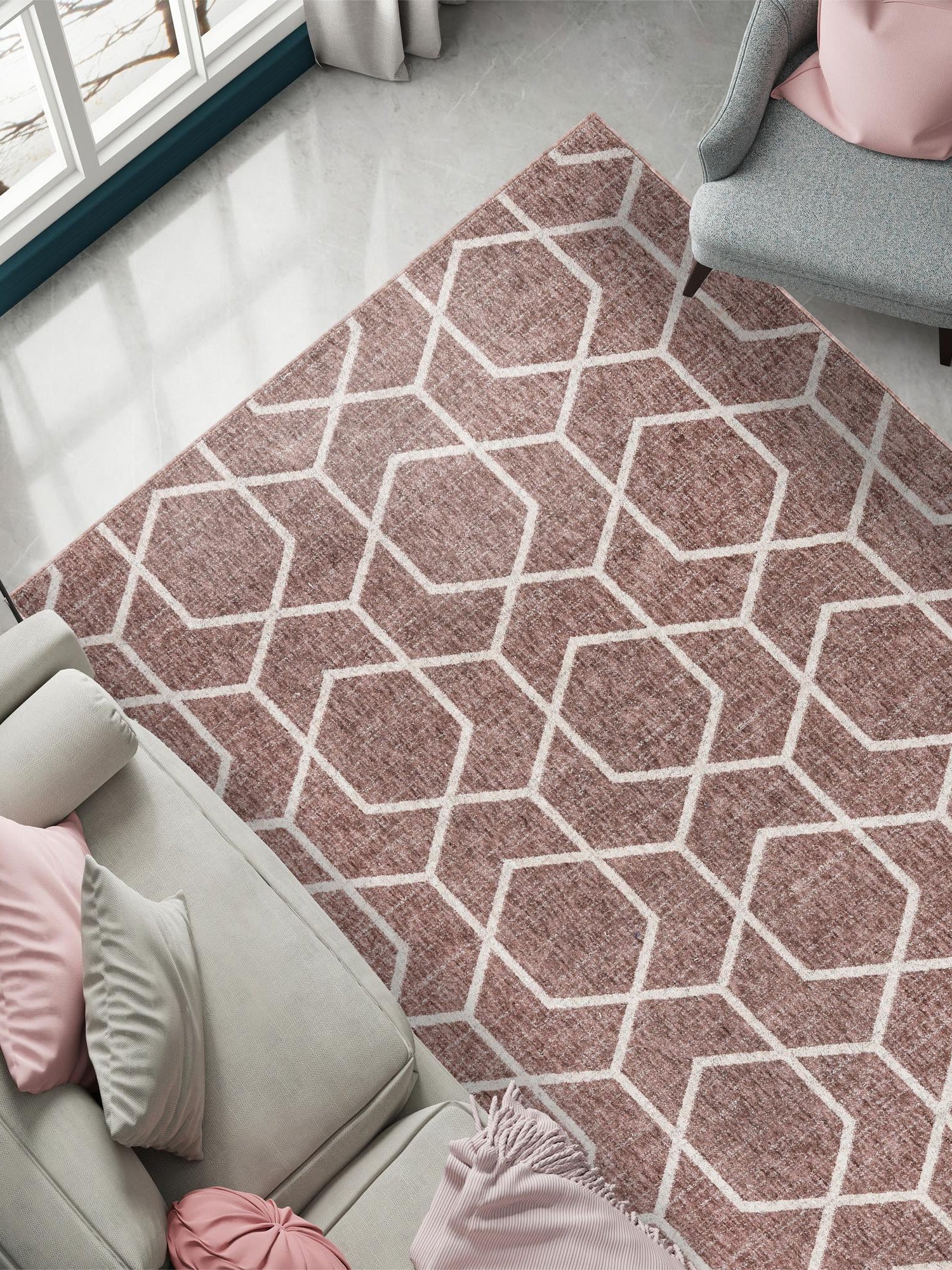 Dusty Rose 2' x 3' Eco Trellis Rectangle Area Rug 100% Recycled Space Dyed Polyester With Cotton Backing Geometric Pattern Eco-Friendly Carpet for Sale at Rug Engine