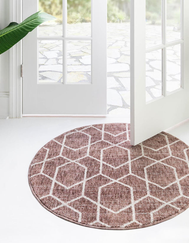 Dusty Rose 7' x 7' Eco Trellis Round Area Rug 100% Recycled Space Dyed Polyester With Cotton Backing Geometric Pattern Eco-Friendly Carpet for Sale at Rug Engine