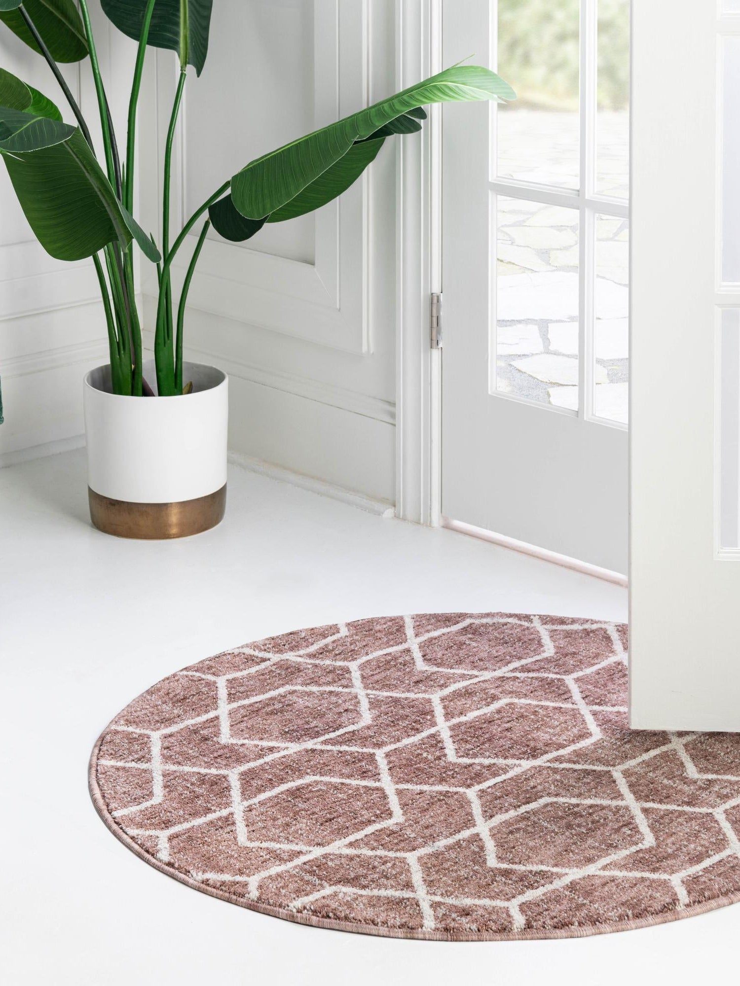 Dusty Rose 7' x 7' Eco Trellis Round Area Rug 100% Recycled Space Dyed Polyester With Cotton Backing Geometric Pattern Eco-Friendly Carpet for Sale at Rug Engine