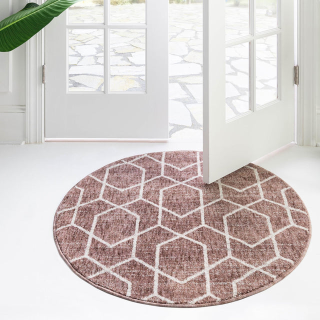 Dusty Rose 3' 3 x 3' 3 Eco Trellis Round Area Rug 100% Recycled Space Dyed Polyester With Cotton Backing Geometric Pattern Eco-Friendly Carpet for Sale at Rug Engine