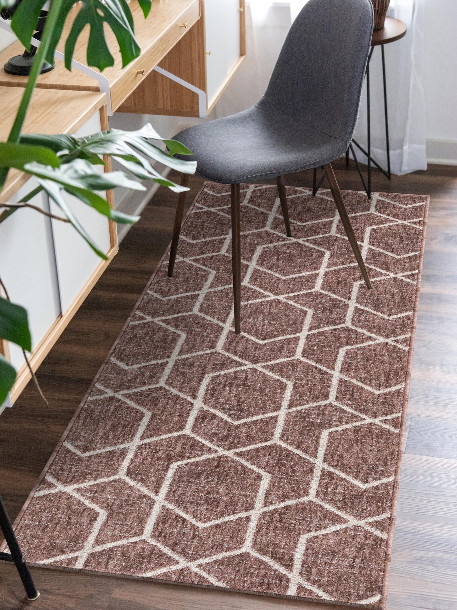 Dusty Rose 2' x 6' Eco Trellis Runner Area Rug 100% Recycled Space Dyed Polyester With Cotton Backing Geometric Pattern Eco-Friendly Carpet for Sale at Rug Engine