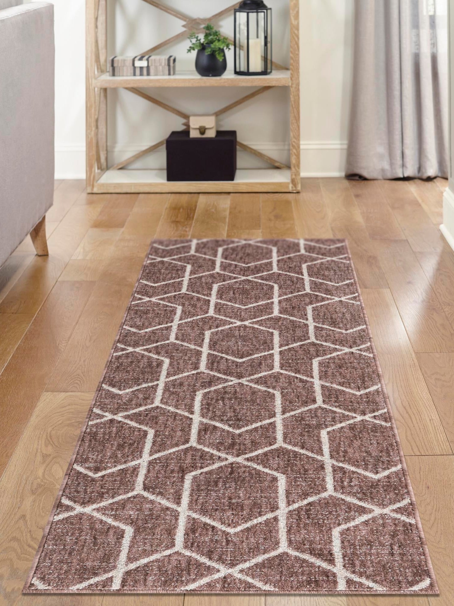 Dusty Rose 2' x 6' Eco Trellis Runner Area Rug 100% Recycled Space Dyed Polyester With Cotton Backing Geometric Pattern Eco-Friendly Carpet for Sale at Rug Engine