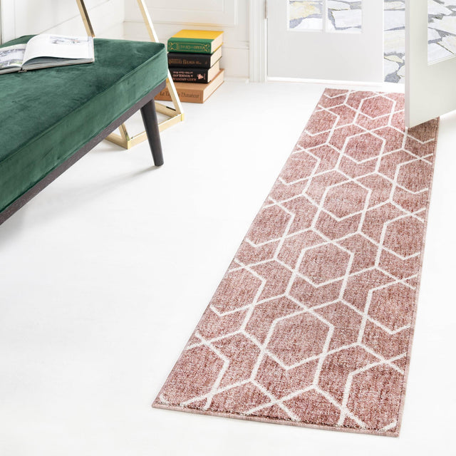 Dusty Rose 2' 7 x 12' Eco Trellis Runner Area Rug 100% Recycled Space Dyed Polyester With Cotton Backing Geometric Pattern Eco-Friendly Carpet for Sale at Rug Engine