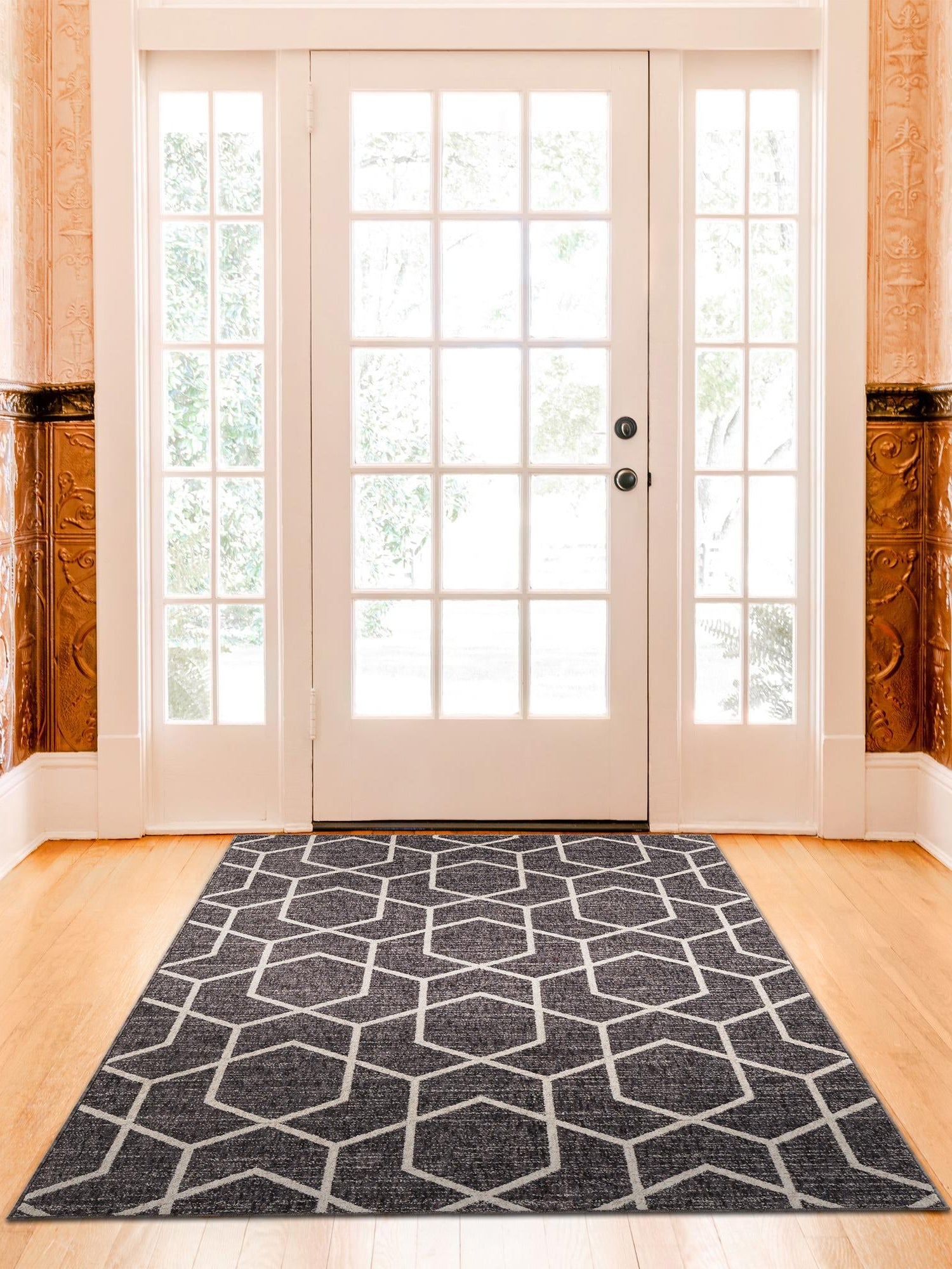 Charcoal Gray 5' 3 x 8' Eco Trellis Rectangle Area Rug 100% Recycled Space Dyed Polyester With Cotton Backing Geometric Pattern Eco-Friendly Carpet for Sale at Rug Engine