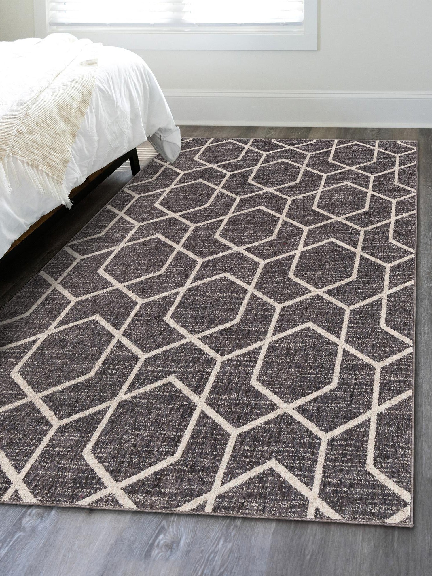 Charcoal Gray 5' 3 x 8' Eco Trellis Rectangle Area Rug 100% Recycled Space Dyed Polyester With Cotton Backing Geometric Pattern Eco-Friendly Carpet for Sale at Rug Engine