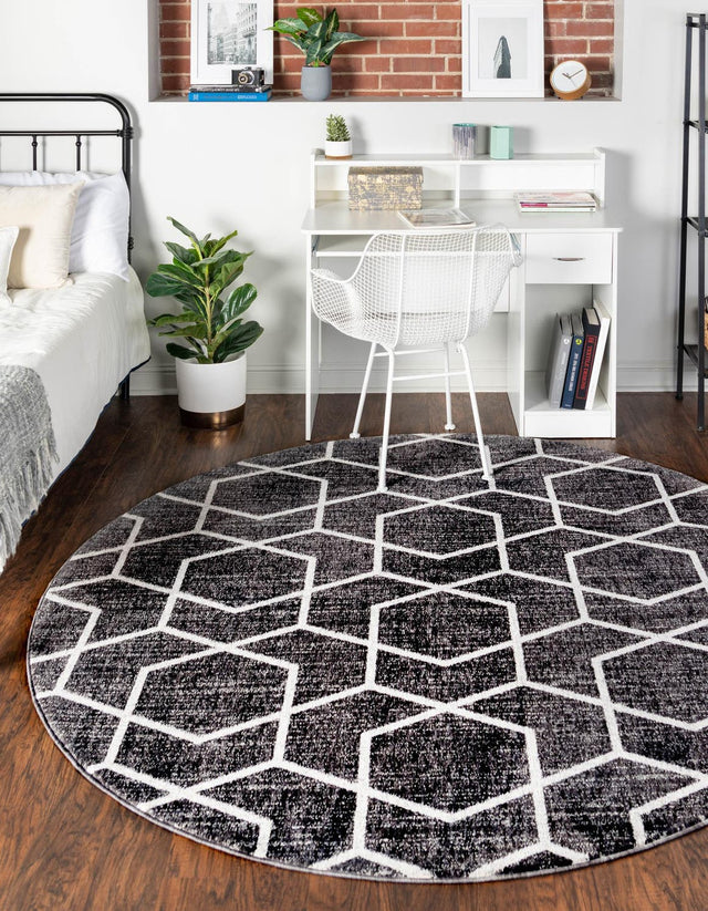 Charcoal Gray 7' x 7' Eco Trellis Round Area Rug 100% Recycled Space Dyed Polyester With Cotton Backing Geometric Pattern Eco-Friendly Carpet for Sale at Rug Engine