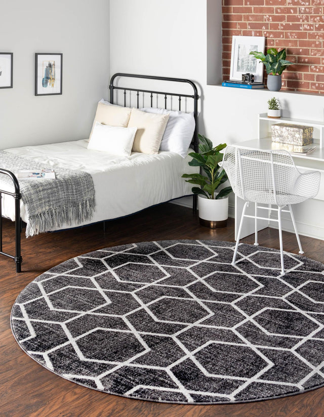 Charcoal Gray 7' x 7' Eco Trellis Round Area Rug 100% Recycled Space Dyed Polyester With Cotton Backing Geometric Pattern Eco-Friendly Carpet for Sale at Rug Engine