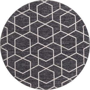 Charcoal Gray 7' x 7' Eco Trellis Round Area Rug 100% Recycled Space Dyed Polyester With Cotton Backing Geometric Pattern Eco-Friendly Carpet for Sale at Rug Engine