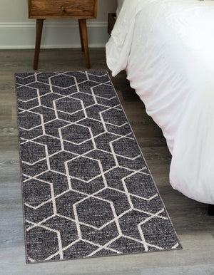 Charcoal Gray 2' x 8' Eco Trellis Runner Area Rug 100% Recycled Space Dyed Polyester With Cotton Backing Geometric Pattern Eco-Friendly Carpet for Sale at Rug Engine