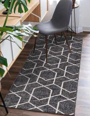 Charcoal Gray 2' 7 x 12' Eco Trellis Runner Area Rug 100% Recycled Space Dyed Polyester With Cotton Backing Geometric Pattern Eco-Friendly Carpet for Sale at Rug Engine