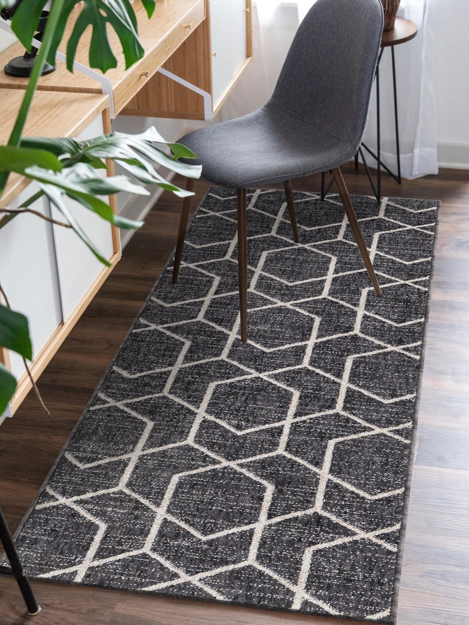 Charcoal Gray 2' x 8' Eco Trellis Runner Area Rug 100% Recycled Space Dyed Polyester With Cotton Backing Geometric Pattern Eco-Friendly Carpet for Sale at Rug Engine