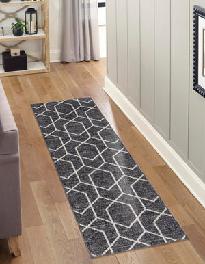Charcoal Gray 2' 7 x 12' Eco Trellis Runner Area Rug 100% Recycled Space Dyed Polyester With Cotton Backing Geometric Pattern Eco-Friendly Carpet for Sale at Rug Engine