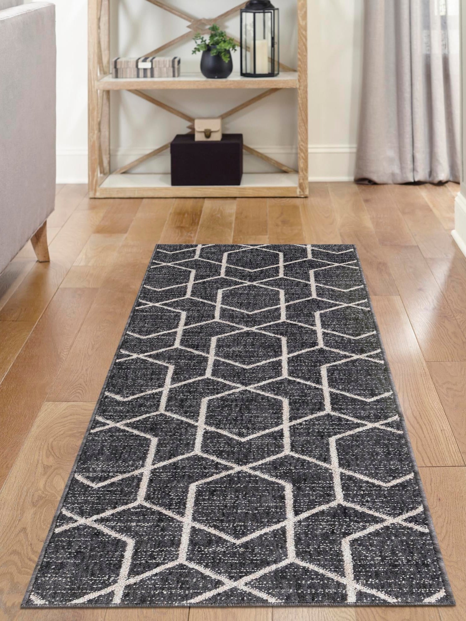 Charcoal Gray 2' x 8' Eco Trellis Runner Area Rug 100% Recycled Space Dyed Polyester With Cotton Backing Geometric Pattern Eco-Friendly Carpet for Sale at Rug Engine