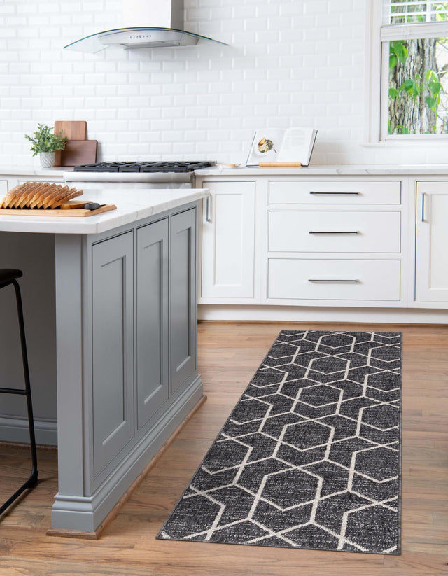Charcoal Gray 2' x 8' Eco Trellis Runner Area Rug 100% Recycled Space Dyed Polyester With Cotton Backing Geometric Pattern Eco-Friendly Carpet for Sale at Rug Engine