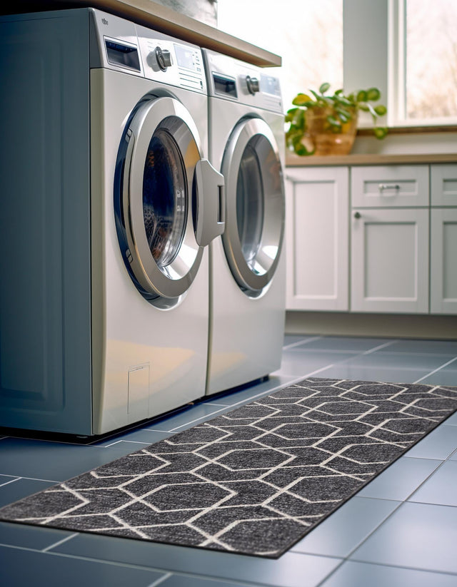 Charcoal Gray 2' x 8' Eco Trellis Runner Area Rug 100% Recycled Space Dyed Polyester With Cotton Backing Geometric Pattern Eco-Friendly Carpet for Sale at Rug Engine