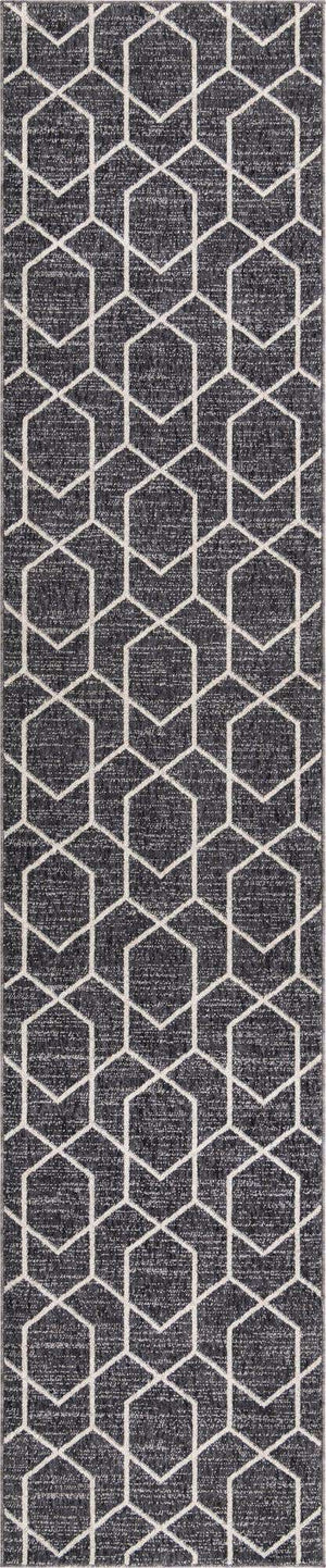 Charcoal Gray 2' 7 x 12' Eco Trellis Runner Area Rug 100% Recycled Space Dyed Polyester With Cotton Backing Geometric Pattern Eco-Friendly Carpet for Sale at Rug Engine
