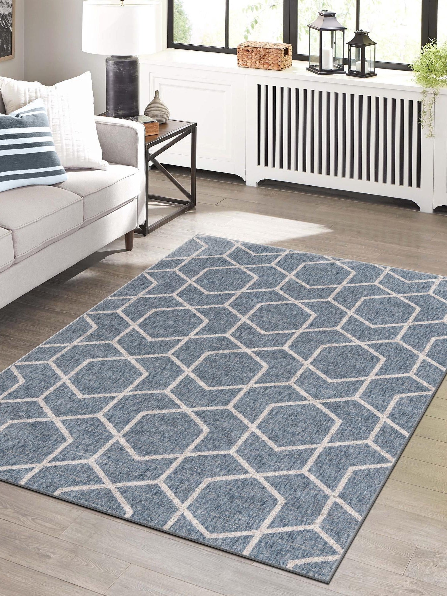 Harbor Blue 1' 4 x 1' 4 Eco Trellis Sample Area Rug 100% Recycled Space Dyed Polyester With Cotton Backing Geometric Pattern Eco-Friendly Carpet for Sale at Rug Engine