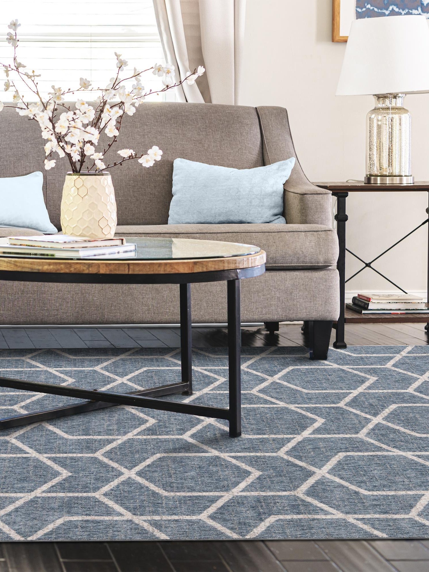 Harbor Blue 2' x 3' Eco Trellis Rectangle Area Rug 100% Recycled Space Dyed Polyester With Cotton Backing Geometric Pattern Eco-Friendly Carpet for Sale at Rug Engine
