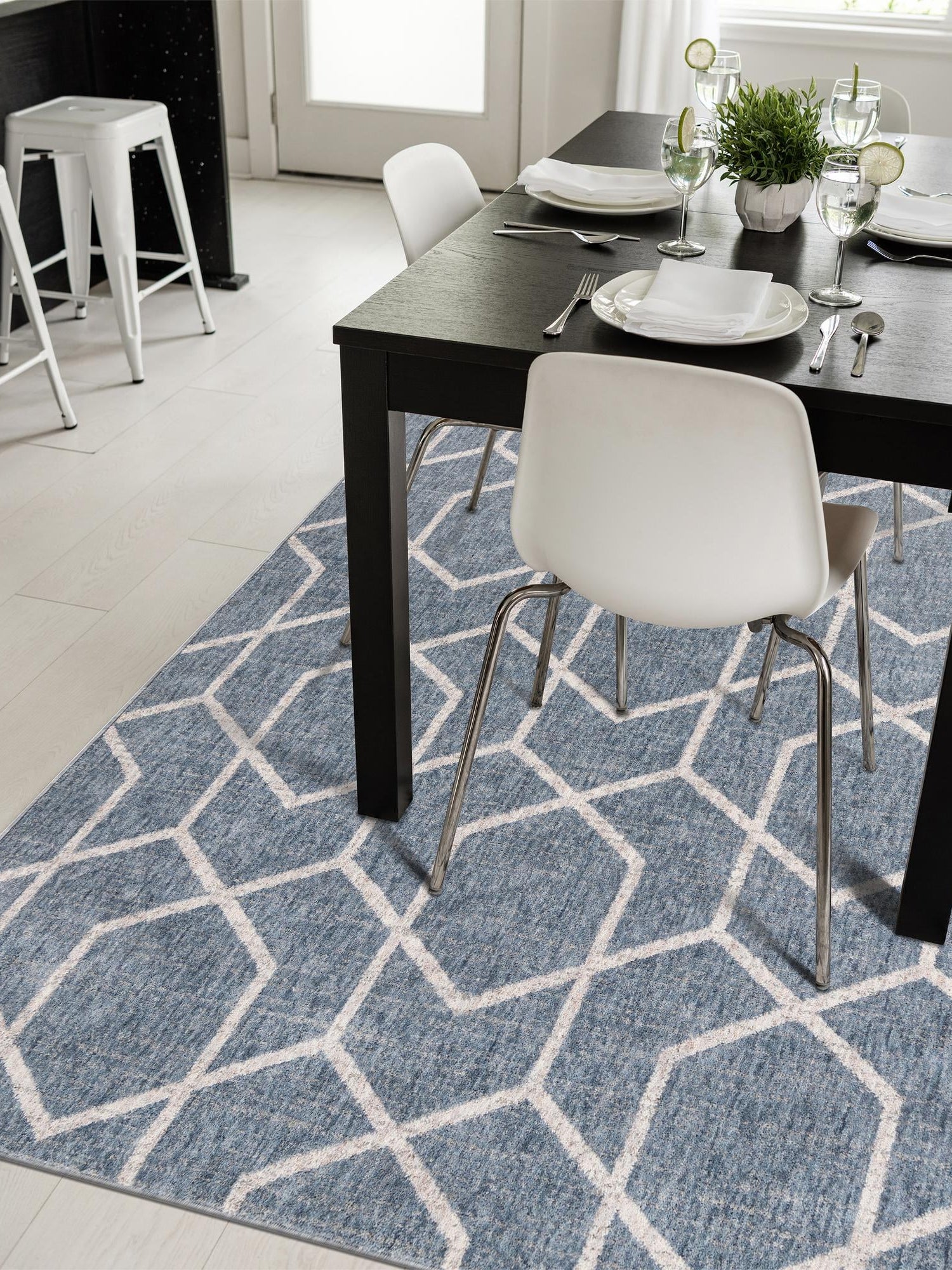 Harbor Blue 7' 10 x 10' Eco Trellis Rectangle Area Rug 100% Recycled Space Dyed Polyester With Cotton Backing Geometric Pattern Eco-Friendly Carpet for Sale at Rug Engine