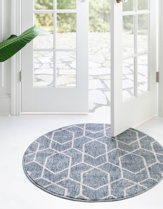 Harbor Blue 3' 3 x 3' 3 Eco Trellis Round Area Rug 100% Recycled Space Dyed Polyester With Cotton Backing Geometric Pattern Eco-Friendly Carpet for Sale at Rug Engine