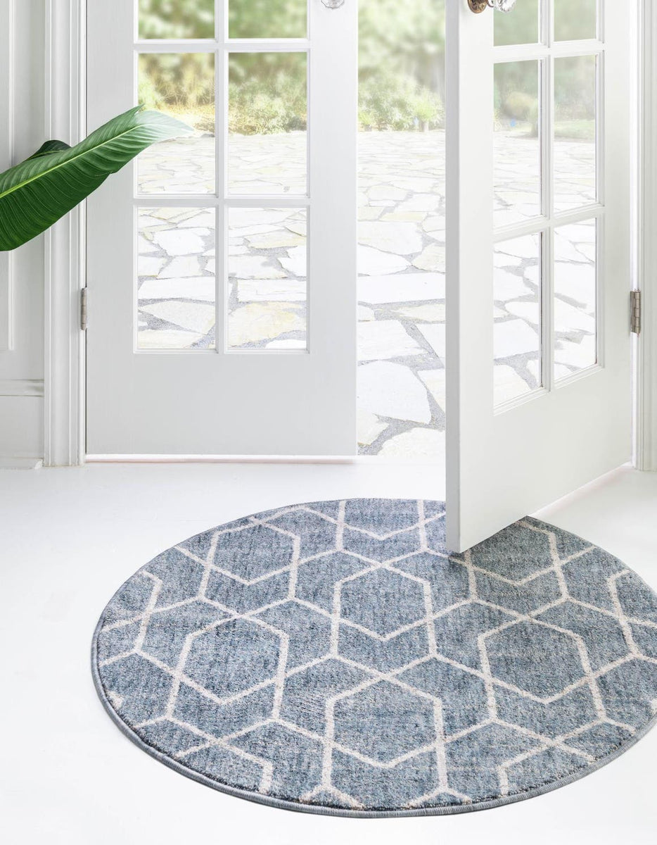 Harbor Blue 7' x 7' Eco Trellis Round Area Rug 100% Recycled Space Dye ...