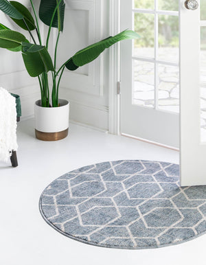 Harbor Blue 3' 3 x 3' 3 Eco Trellis Round Area Rug 100% Recycled Space Dyed Polyester With Cotton Backing Geometric Pattern Eco-Friendly Carpet for Sale at Rug Engine