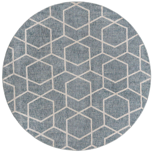 Harbor Blue 7' x 7' Eco Trellis Round Area Rug 100% Recycled Space Dyed Polyester With Cotton Backing Geometric Pattern Eco-Friendly Carpet for Sale at Rug Engine