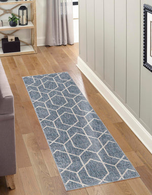 Harbor Blue 2' x 8' Eco Trellis Runner Area Rug 100% Recycled Space Dyed Polyester With Cotton Backing Geometric Pattern Eco-Friendly Carpet for Sale at Rug Engine