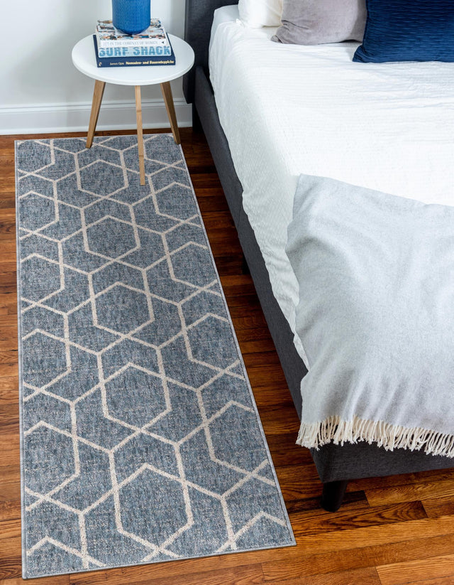Harbor Blue 2' 7 x 12' Eco Trellis Runner Area Rug 100% Recycled Space Dyed Polyester With Cotton Backing Geometric Pattern Eco-Friendly Carpet for Sale at Rug Engine